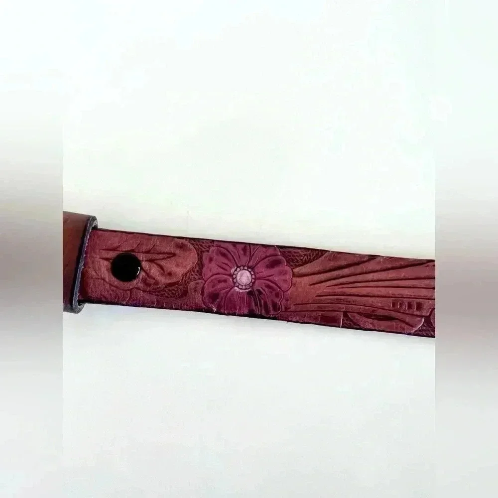Tooled Leather Floral Belt with Purple‎ and Yellow Flowers Size 38